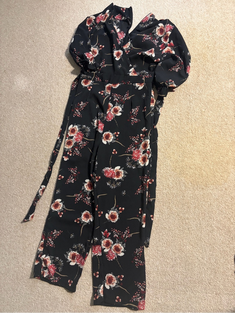 Floral Wrap Jumpsuit in Black with Red & Cream Blooms